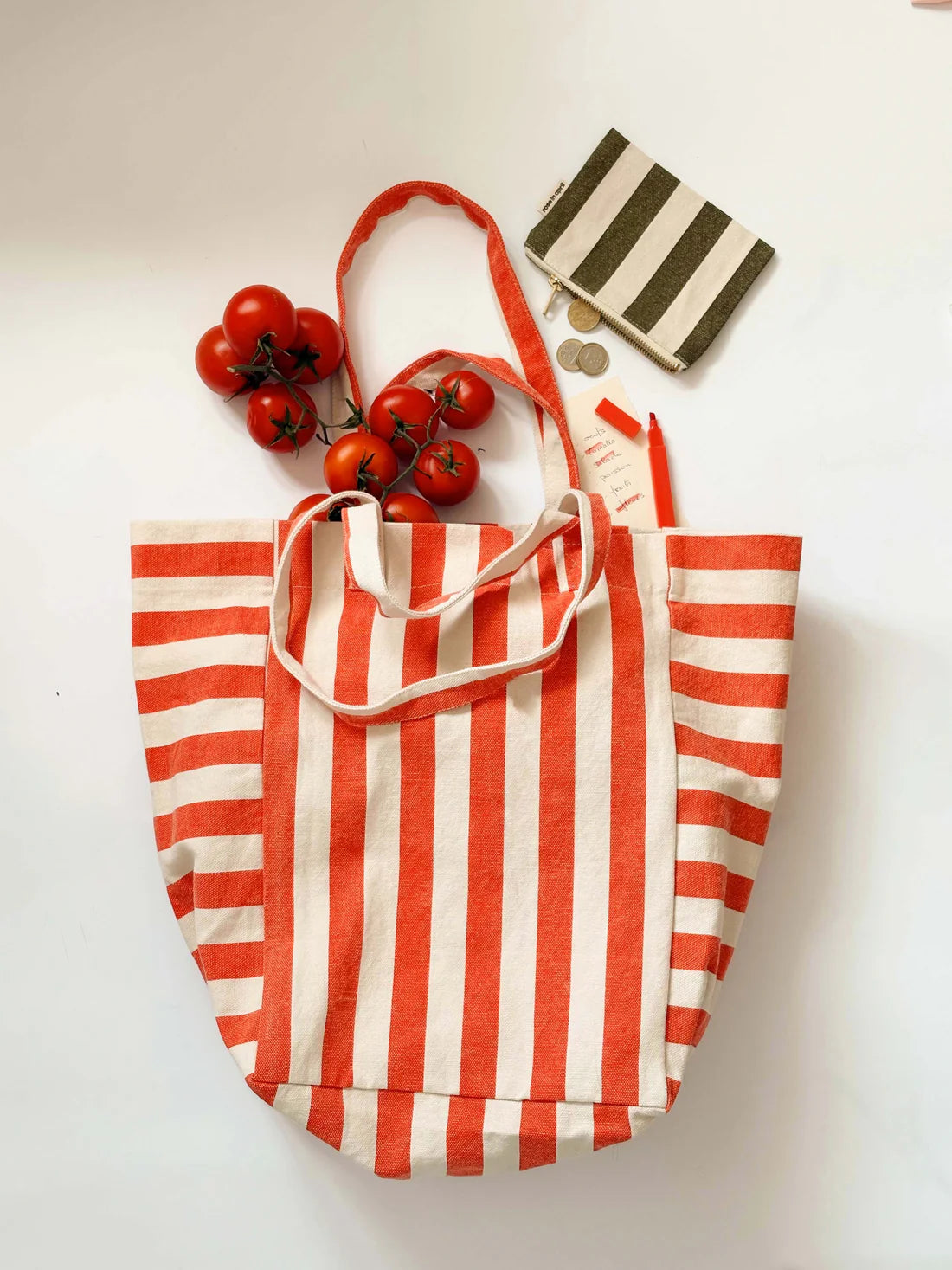 Tote Bag Elizabeth, Greige/Tomato Stripes