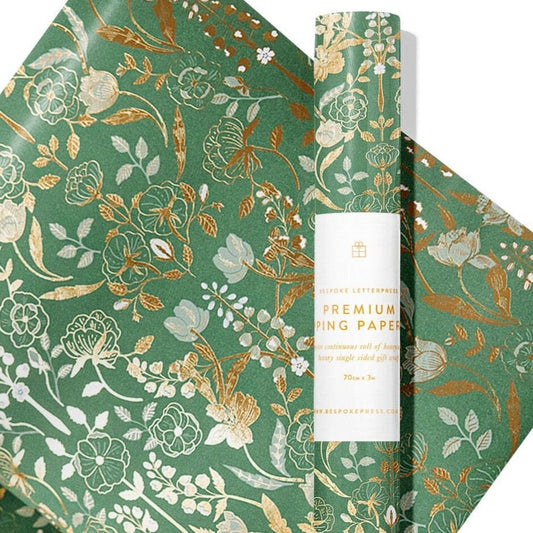 Gift Wrap Roll - Gilded Blooms (Green with Gold Foil)