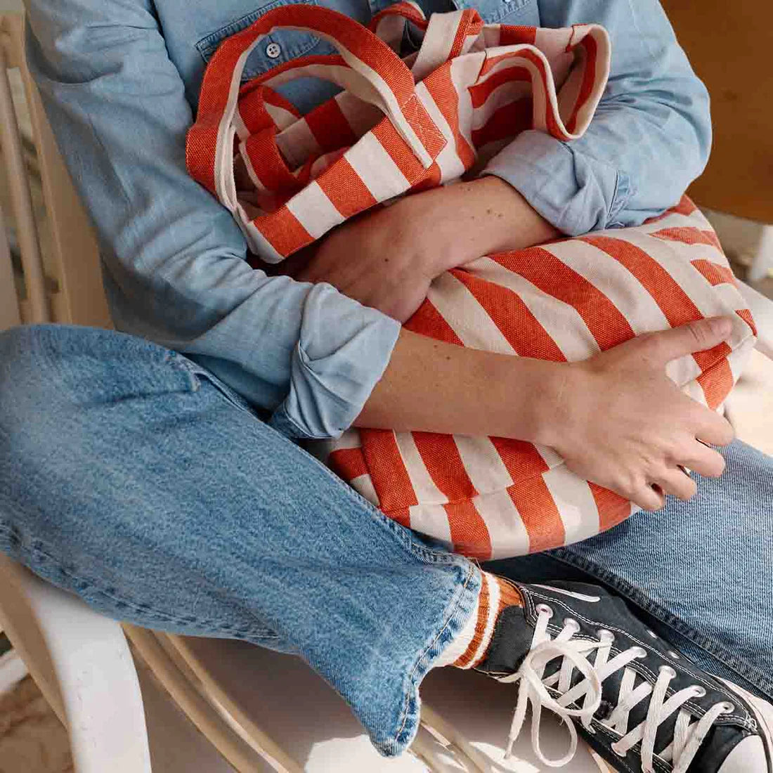 Tote Bag Elizabeth, Greige/Tomato Stripes